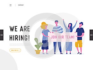 We are hiring illustration concept, Job Recruitment people characters holding banner , for landing page, social media template, ui