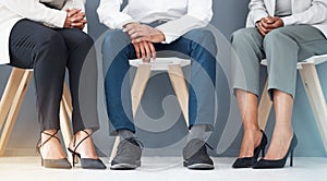 Hiring, legs and recruitment waiting room of business people for job interview with human resources. Company hr choice