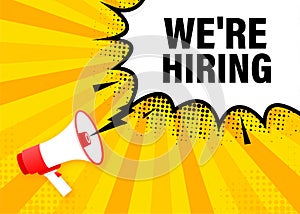 We are hiring megaphone yellow banner in flat style. Vector illustration. photo
