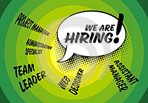 We are hiring minimalistic green flyer template with comic strip bubble and position titles