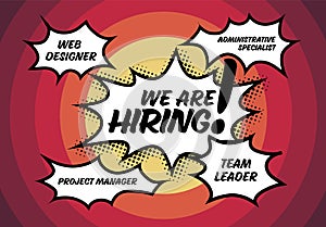 We are hiring minimalistic red flyertemplate with comic strip bubble on orange background