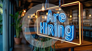 We are hiring neon sign in restaurant window