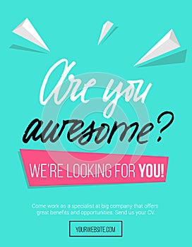 Hiring poster design concept with pink and blue colors and lettering inscription 