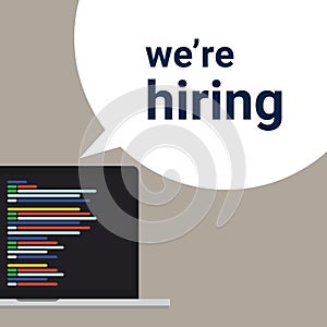 We are hiring programmer coding developer, a sign vacant and inscription we re hiring with laptop screen. Business