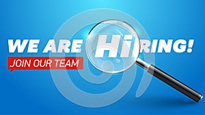 Hiring recruitment open vacancy design label template. We are hiring, join our team announcement lettering speech bubble chat box