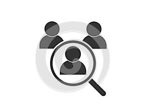 We are hiring. Search for job. Find vacancy. Loupe icon with person silhouette. Look for candidate. Magnifier choosing best worker