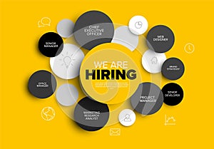 We are hiring yellow minimalistic flyer template with position names on circle bubbles