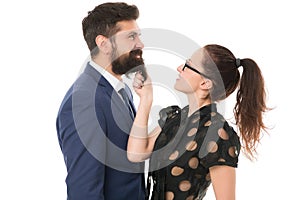 His beard is real. Sensual girl touch hipster beard. Unshaven businessman with long beard hair. Bearded man with stylish