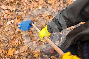 His father`s hands sweep the leaves in the park