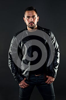 His style. Hispanic man with fashionable style. Bearded man in the fashion. Fashion model wear clothing in macho style