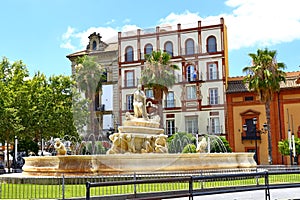 Hispalis Fountain, the Fountain of Seville, on Puerta de Jerez Square in Seville - Spain, Andalusia