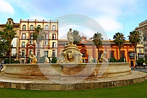 Hispalis Fountain, the Fountain of Seville, on Puerta de Jerez Square in Seville - Spain, Andalusia