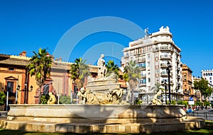 Hispalis Fountain on Puerta de Jerez Square in Seville, Spain