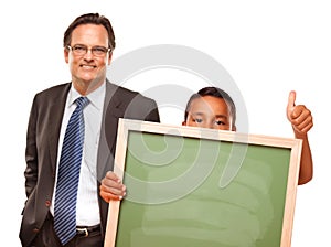 Hispanic Boy Holding Blank Chalk Board with Man