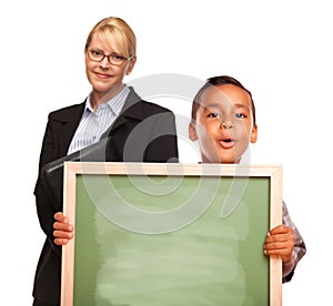 Hispanic Boy Holding Blank Chalk Board and Teacher