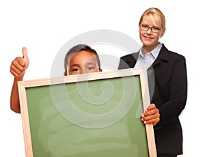 Hispanic Boy Holding Blank Chalk Board and Teacher