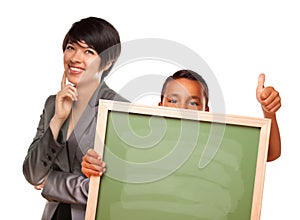 Hispanic Boy Holding Blank Chalk Board and Teacher