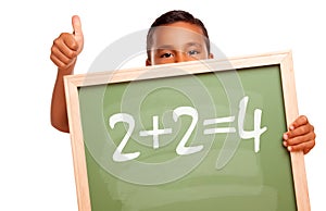 Hispanic Boy Holding Chalkboard with Equation