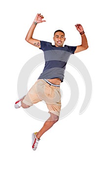 Hispanic boy jump for happyness