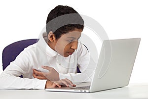 Hispanic Boy Studying with Laptop on White Background