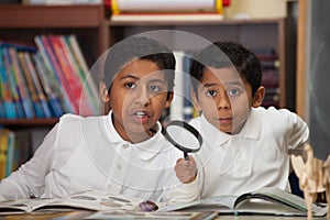 Hispanic Boys in Home-school Studying Rocks