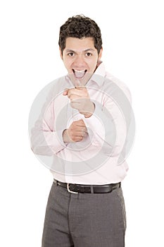 Hispanic business man pointing at something