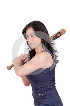 Hispanic business woman with baseball bat in hands