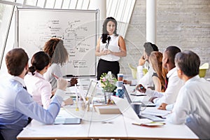 Hispanic Businesswoman Leading Meeting At Boardroom Table