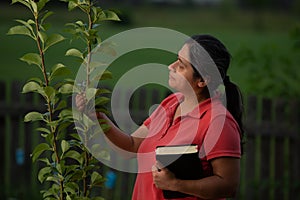 Hispanic Christian Woman Contemplating her Pear Tree After Working Her Yard and Having Meditation