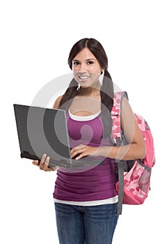 Hispanic college student with laptop, backpack