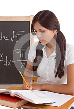 Hispanic College student woman studying math exam