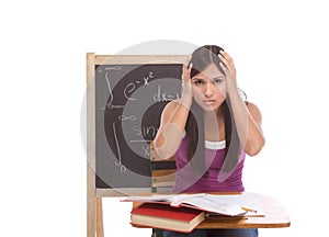 Hispanic college student woman studying math exam