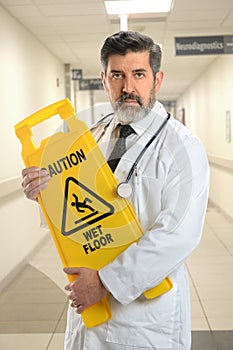 Hispanic Doctor Holding Caution Sign