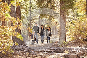 Hispanic family of four walking together in a forest