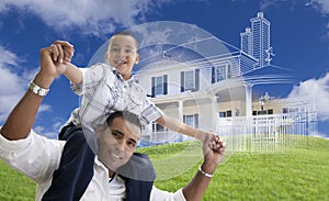 Hispanic Father and Son with Ghosted House Drawing Behind