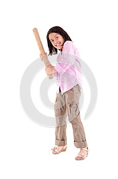 Hispanic girl with baseball bat ready to hit