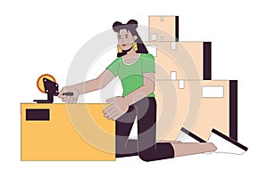 Hispanic girl packing moving boxes line cartoon flat illustration