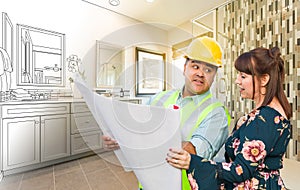 Hispanic Male Contractor Talking with Female Client Over Blueprint Plans In Front of Bathroom Drawing Gradating to Photo