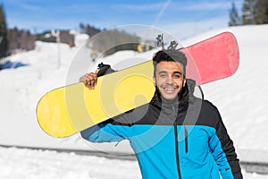 Hispanic Man Hold Snowboard Ski Resort Winter Snow Mountain Cheerful Happy Smiling Guy