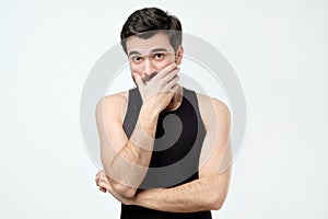 Hispanic man thinking expressing doubts and concerns. Negative face expression