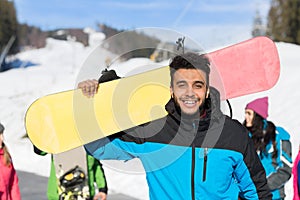 Hispanic Man Tourist Snowboard Ski Resort Snow Winter Mountain Happy Smiling Guy On Holiday