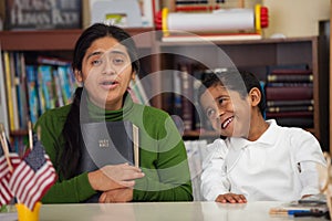 Hispanic Mom and Boy in Home-school Setting During Worship