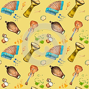 Hispanic musical instruments and watercolor splash seamless pattern on beige.
