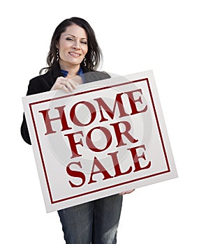 Hispanic Realtor Holding Home For Sale Real Estate Sign