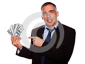 Hispanic senior business man with dollars