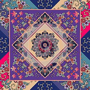 Hispanic shawl. Unique ornamental pattern in ethnic style with flower mandala and unusual frame.