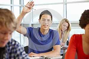 Hispanic student asking question in class