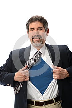 Hispanic Super Businessman Opening Shirt