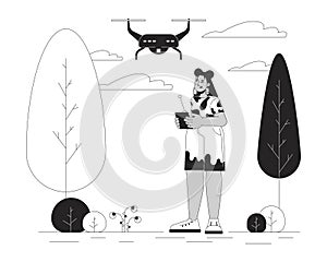 Hispanic woman flying drone in park black and white cartoon flat illustration