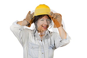 Hispanic Woman, Hard Hat, Goggles, Work Gloves